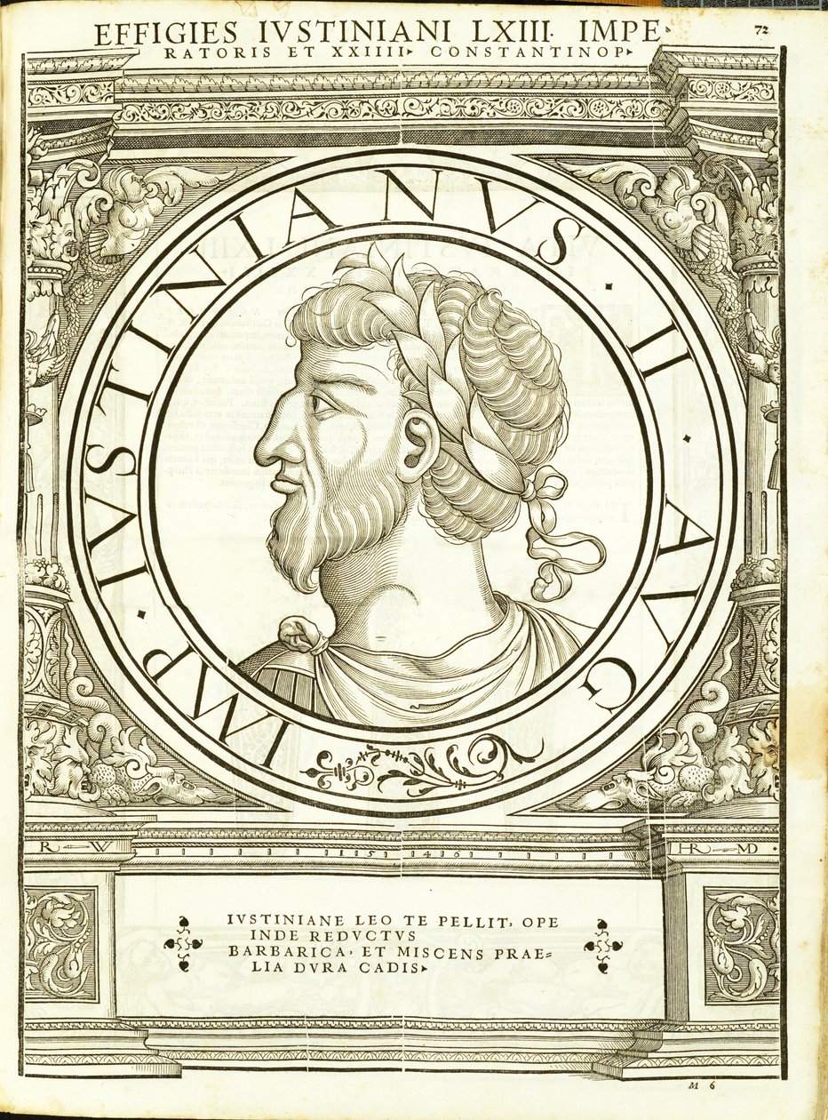 Lustinianus 2、東西のローマ皇帝の古代硬貨の最も真実な画像から、ルドルフヴィッセンバッハによって彫刻され、チューリッヒのAndreas Gessnerによって印刷されました。 作： ハンス・ルドルフ・マヌエルドイツ人