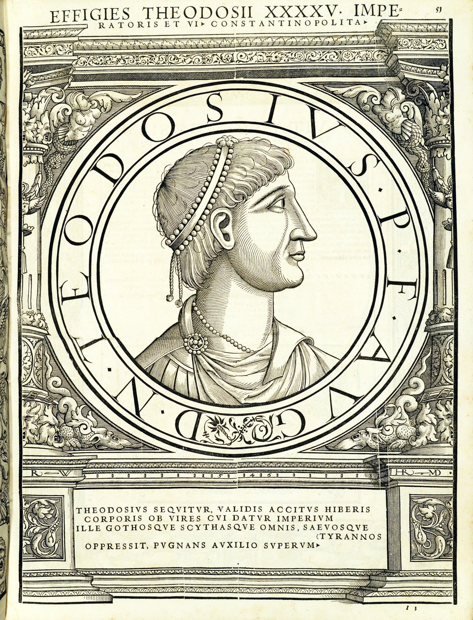 テオドシウス1、ローマの東西の指揮官による古代硬貨の最も真実の画像、ルドルフヴィッセンバッハの彫刻、チューリッヒアンドレアスゲスナーの印刷 作： ハンス・ルドルフ・マヌエルドイツ人