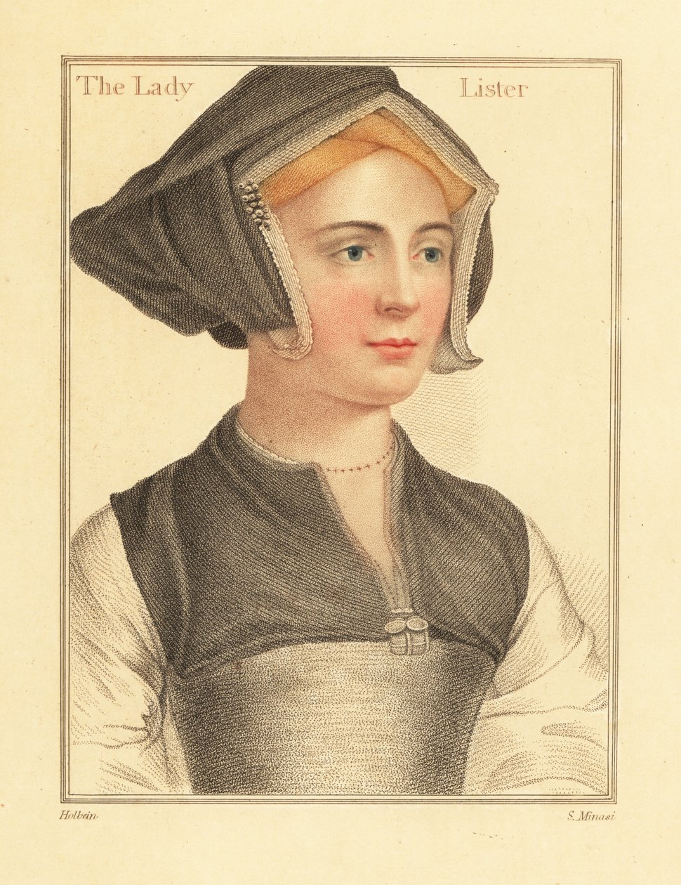 イザベル・シャーリー、英国最高裁判所判事サー・リチャード・ライスターの妻、1812年（彫刻） 作： ハンス（後）ホルバイン・ザ・ヤンガー