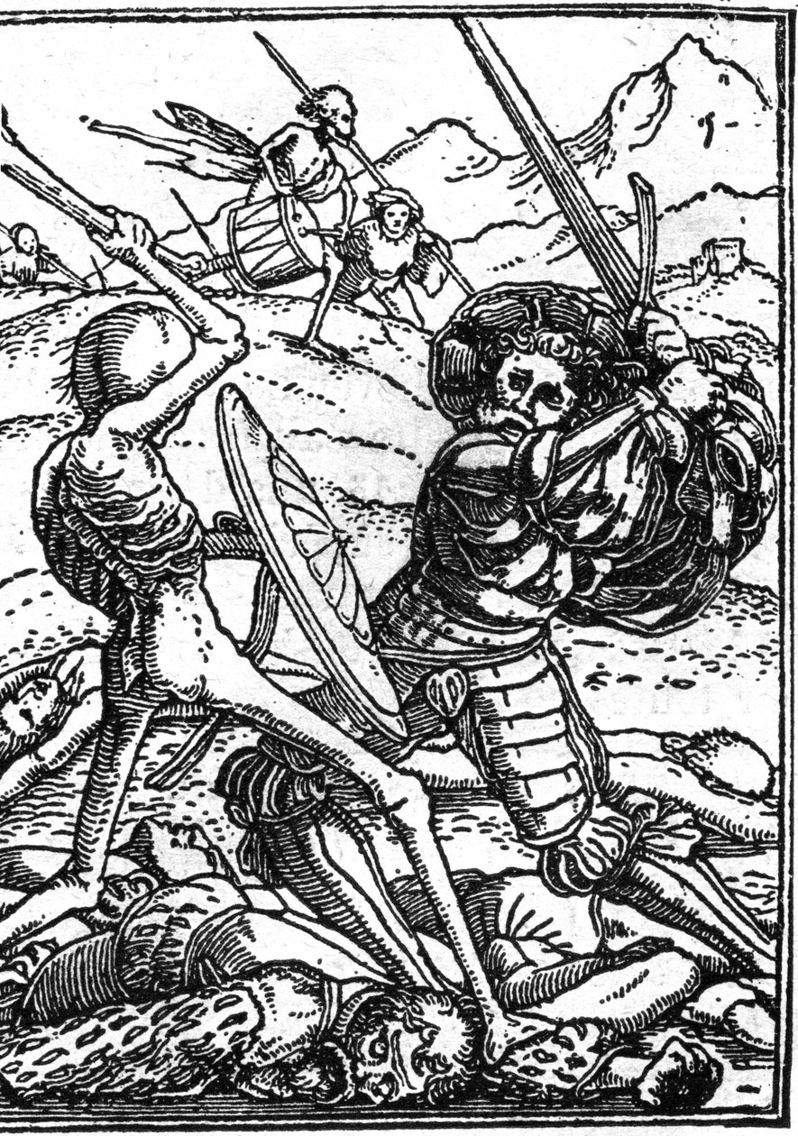 若き日のハンス・ホルベイン（1497-1543）の死の模倣：兵士。兵士は「死」と戦い、その足元には他の戦士の遺体が横たわっている。エングレーヴィングです。 作： ハンス（後）ホルバイン・ザ・ヤンガー
