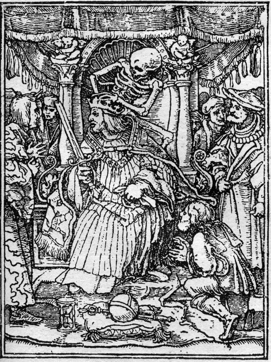 若き日のハンス・ホルベイン（1497-1543）の死のシミュラコン：皇帝のこと。死が皇帝の冠を奪う一方で、農民が正義を乞う。エングレーヴィングです。 作： ハンス（後）ホルバイン・ザ・ヤンガー