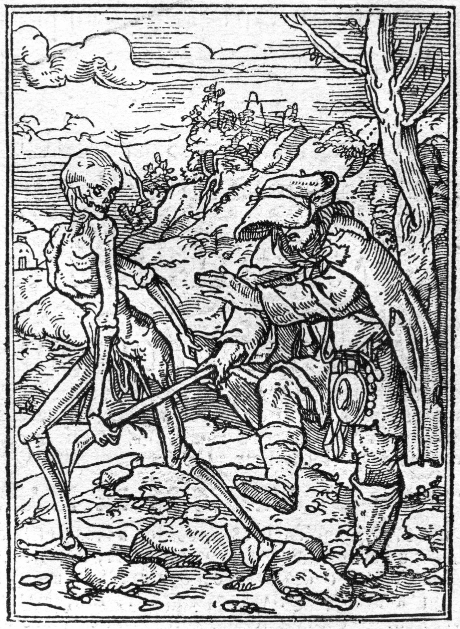 若き日のハンス・ホルベイン（1497-1543）の死のシミュラコン：盲人。死は盲人の杖をつかみ、ガイドの役割を果たす。エングレーヴィングです。 作： ハンス（後）ホルバイン・ザ・ヤンガー