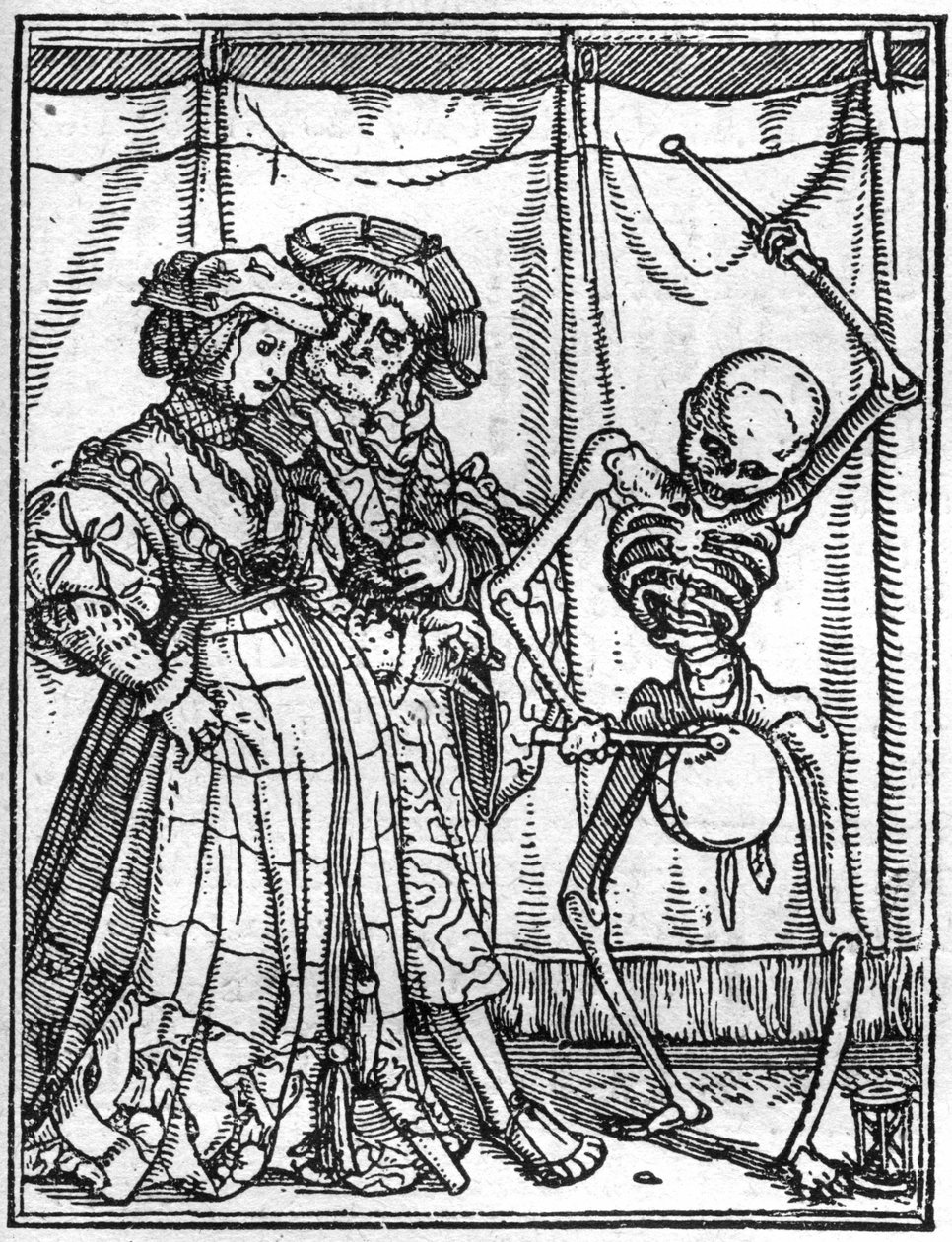 若き日のハンス・ホルベイン（1497-1543）の死のシミュラコン：夫たち。死は夫婦の前でドラムを演奏する。エングレーヴィング。 作： ハンス（後）ホルバイン・ザ・ヤンガー
