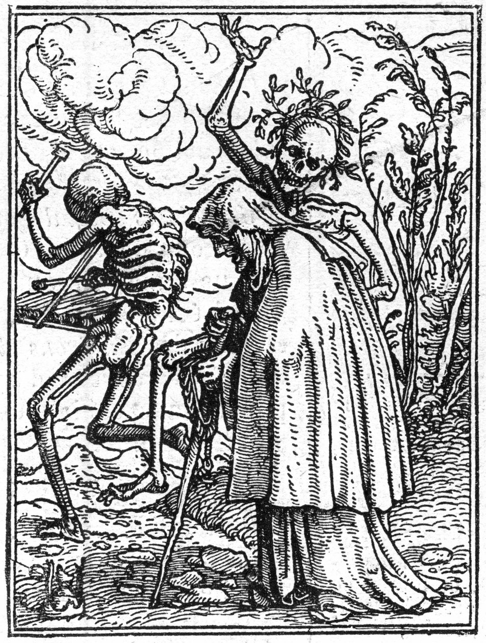 若き日のハンス・ホルベイン（1497-1543）の死のシミュラコン：老い。死は老婦人を運命に同行させる。エングレーヴィング。 作： ハンス（後）ホルバイン・ザ・ヤンガー