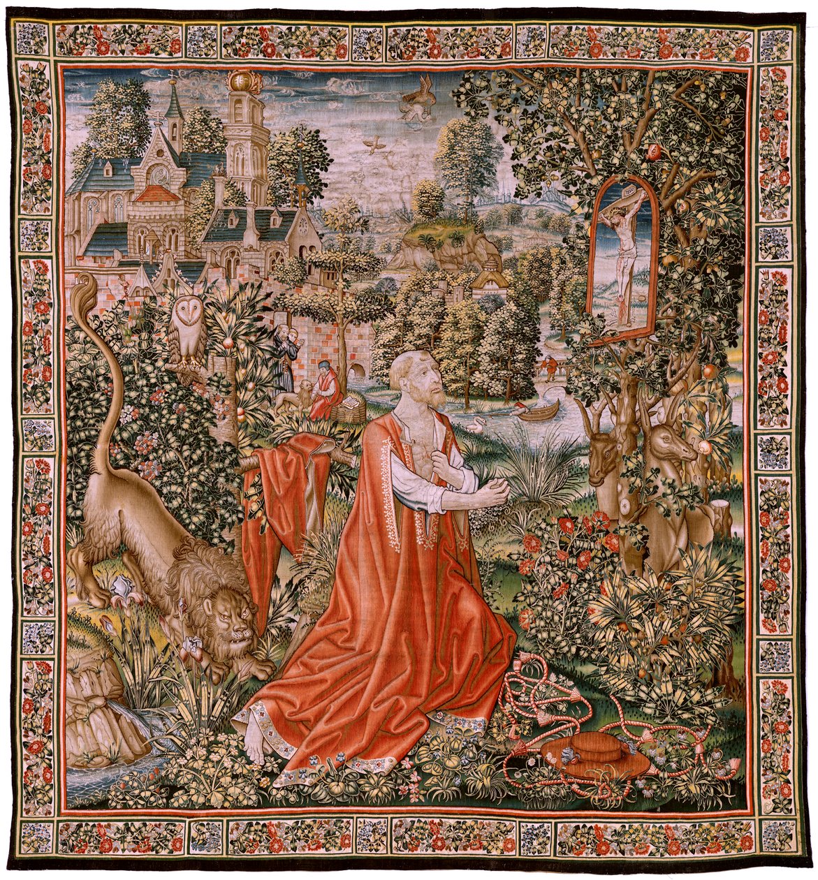 Flämischer Wandteppich. Der reuige St. Hieronymus oder St. Hieronymus in der Wüste. Modelle Zeichnung zugeschrieben dem Kreis von Hans Memling oder Gerard David von Hans (school of) Memling