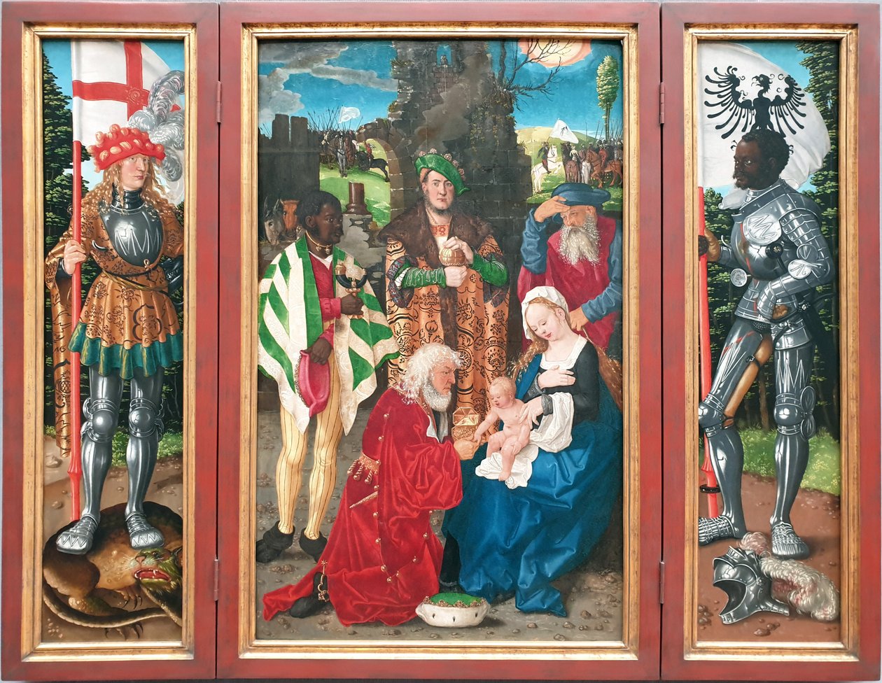 三王の祭壇画
左：聖ジョージ
中央王の礼拝

右聖モーリシャス 作： ハンス・バルダン・グリエン