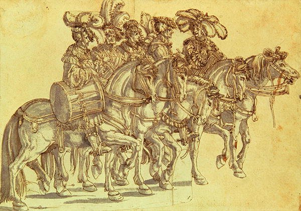 馬上の五人の鼓手」 1500年頃 （紙にペン、インク、ウォッシュ） 作： ハンス・ブルククマール