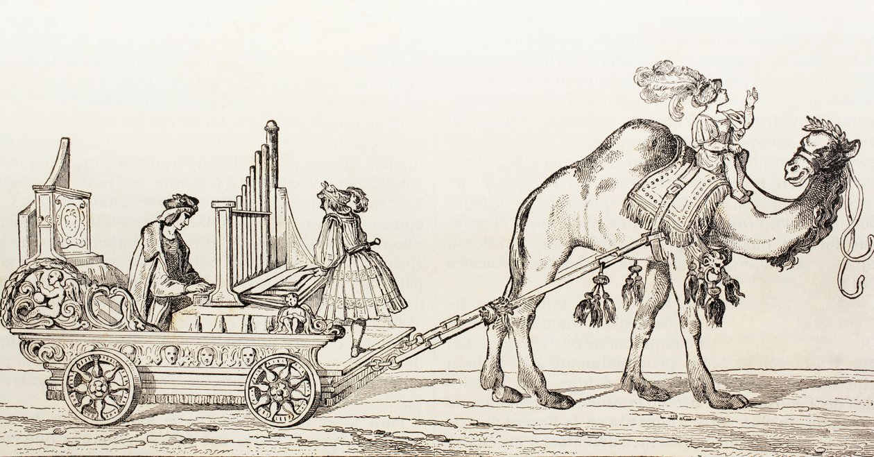 1880年にバルセロナで出版された &39;El Mundo Ilustrado&39;から、ラクダが描いた馬車で演奏するオルガン奏者Paul Hofhaimer。 作： ハンス・ブルククマール