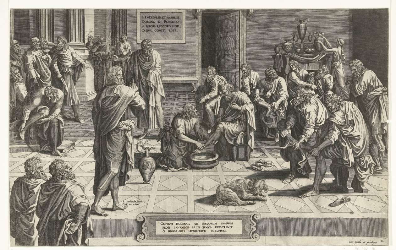 Christ wast de voeten van de discipelen すべての主は、彼のしもべたちの足を洗うためにひざまずいてひれ伏します。 作： Hans Collaert（I）（帰属）