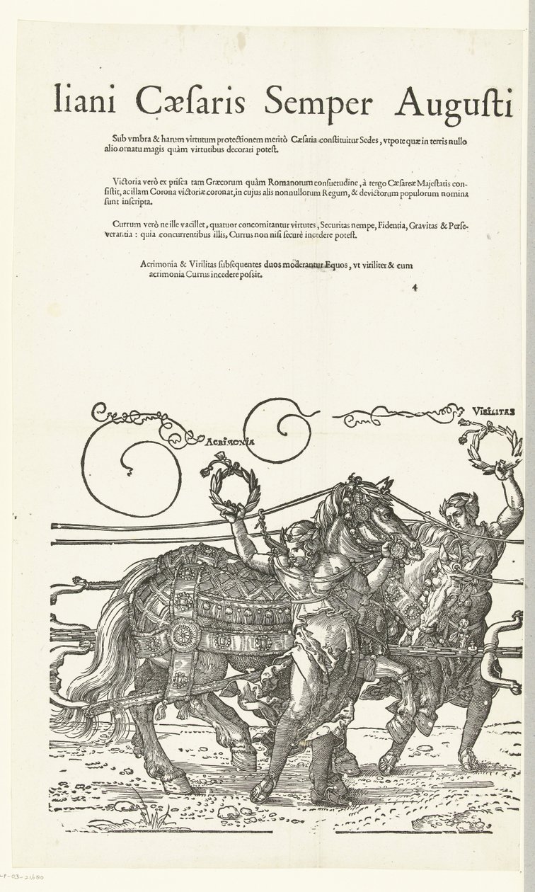 Triomfwagen van keizer Maximiliaan I Kopieën naar Dürers Triomfwagen voor keizer Maximiliaan I (シリーズ タイトル) これは、インビクタスに敬意を表して勝利を収めたチャリオットです。 最も輝かしい王子 D. マクシミリアン シーザリス ゼンパー アウグストゥスは服を着た、アルベルトゥス作 作： ハンス・ガルデンムンド