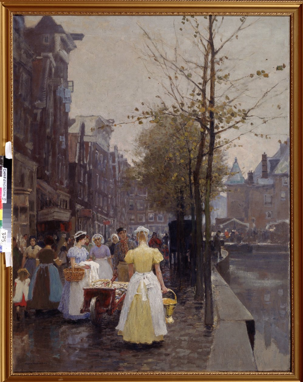 ""October Morning in the Streets of Amsterdam"" (アムステルダムの 10 月の朝) 使用人は通りで忙しい。 ハンス ヘルマン (1813-1890) の絵画 19 世紀の地域美術館、シンフェロポリ ウクライナ 作： ハンス・ヘルマン