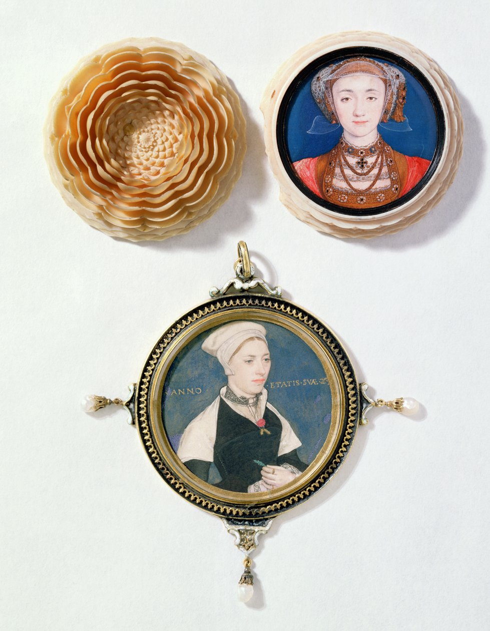 アンオブクリーブス（上）、1539年（ベラムにトイレ）とジェーンスモール、以前はロバートペンバートン夫人（下）、1540年（トランプにベラムにマウントされたトイレ） 作： ハンス・ホルバイン・ザ・ヤング