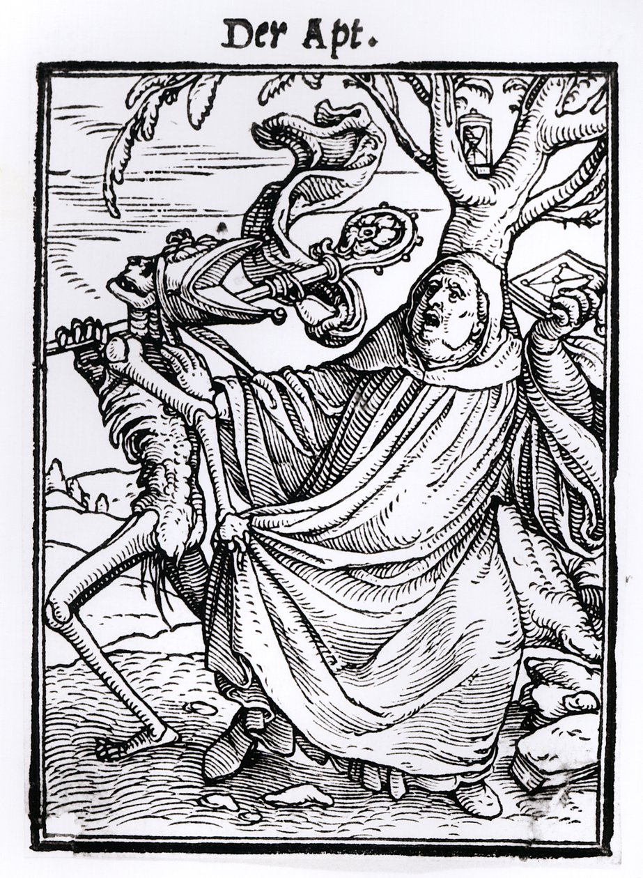ハンス・ラッツェルバーガーによって刻まれた「死のダンス」からの死とアボット、1538年頃 作： ハンス・ホルバイン・ザ・ヤング