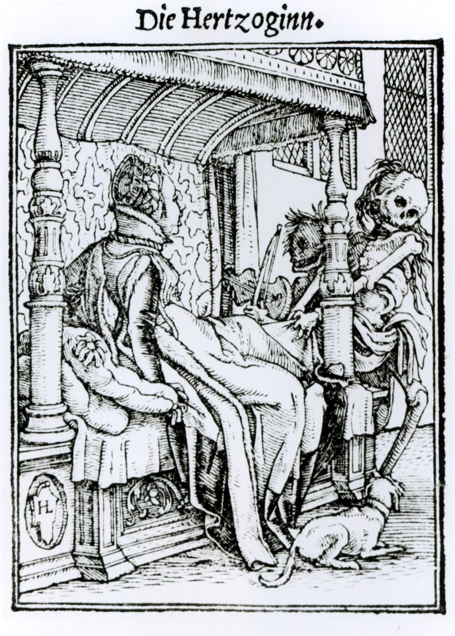 ハンス・ラッツェルバーガーによって刻まれた「死のダンス」からの死と女性、1538年頃 作： ハンス・ホルバイン・ザ・ヤング