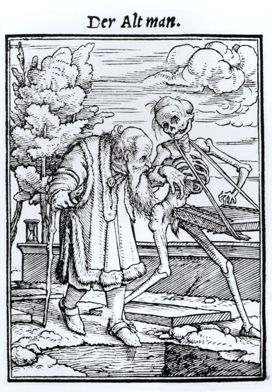 ハンス・ラッツェルバーガーによって刻まれた「死のダンス」の死と老人、1538年頃 作： ハンス・ホルバイン・ザ・ヤング