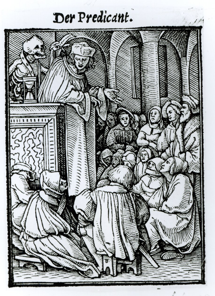 ハンス・ラッツェルバーガーによって彫刻された「死のダンス」からの死と説教者、1538年頃 作： ハンス・ホルバイン・ザ・ヤング