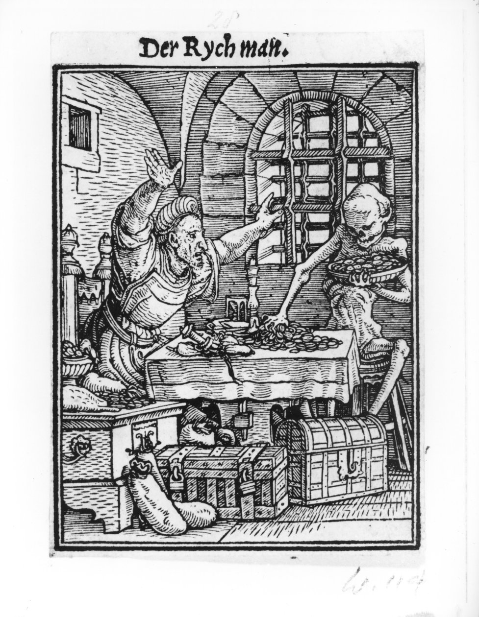 ハンス・ラッツェルバーガーが刻んだ「死のダンス」の死と金持ち、1538年頃 作： ハンス・ホルバイン・ザ・ヤング