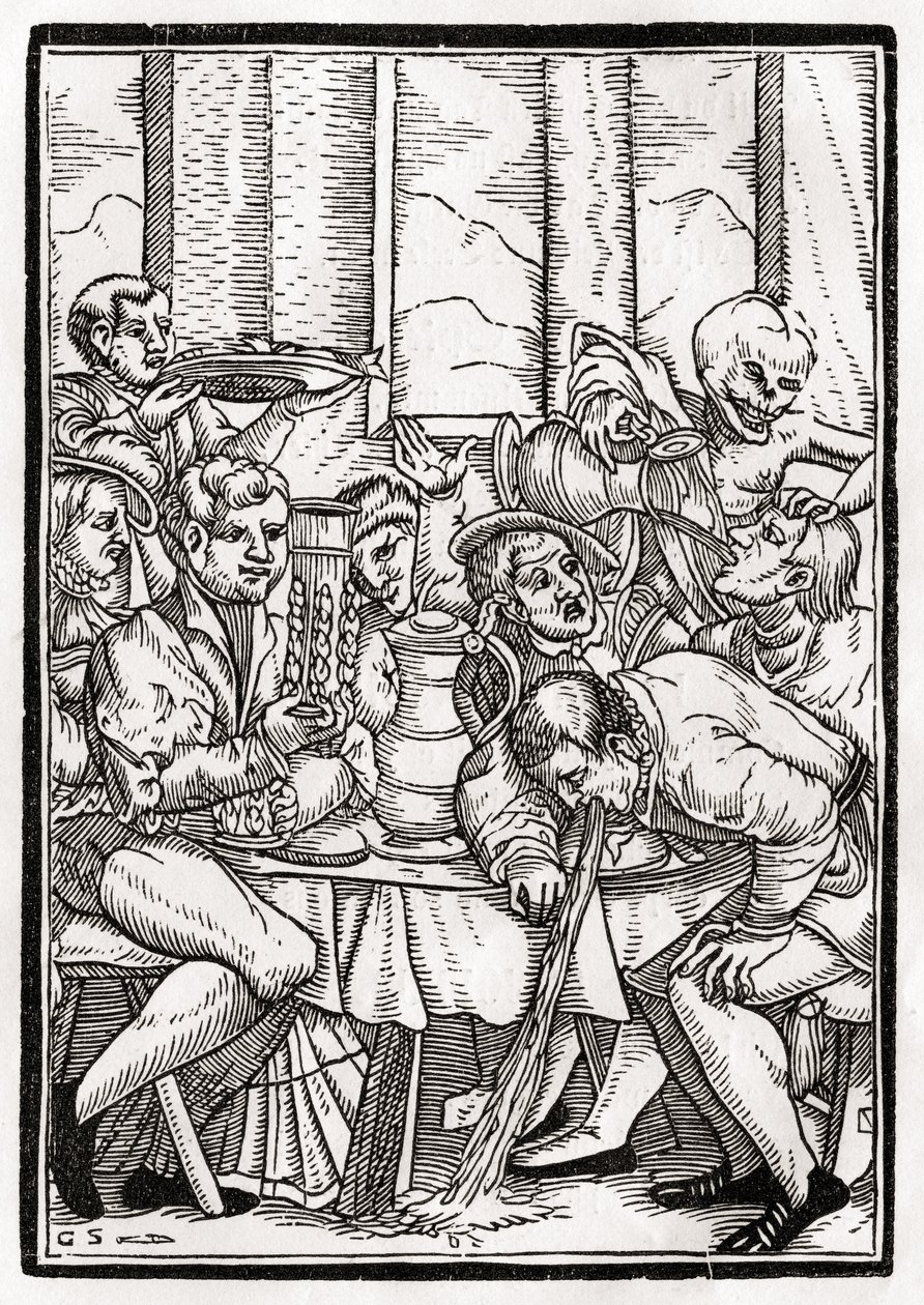 1843年にバーゼルで公開された「Der Todten Tanz」から、Georg Scharffenbergによって刻まれた酔っぱらいの死 作： ハンス・ホルバイン・ザ・ヤング