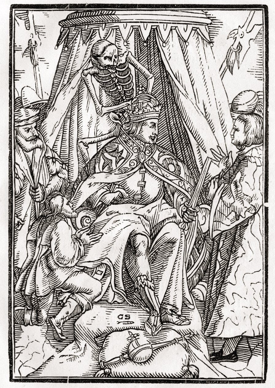 1843年にバーゼルで公開された「Der Todten Tanz」からGeorg Scharffenbergによって彫刻された皇帝の死 作： ハンス・ホルバイン・ザ・ヤング