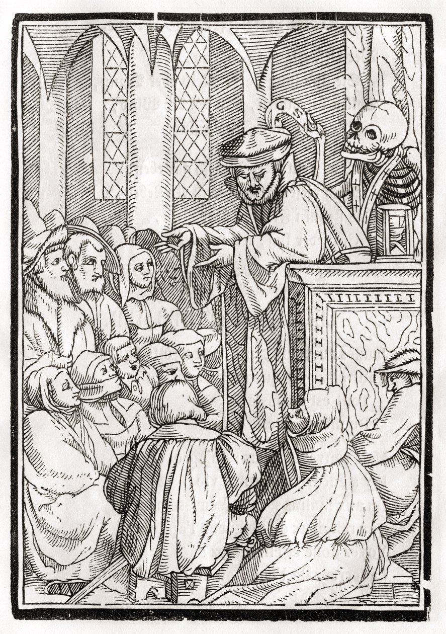 1843年にバーゼルで出版された「Der Todten Tanz」から、Georg Scharffenbergによって彫刻された説教者の死が訪れる 作： ハンス・ホルバイン・ザ・ヤング