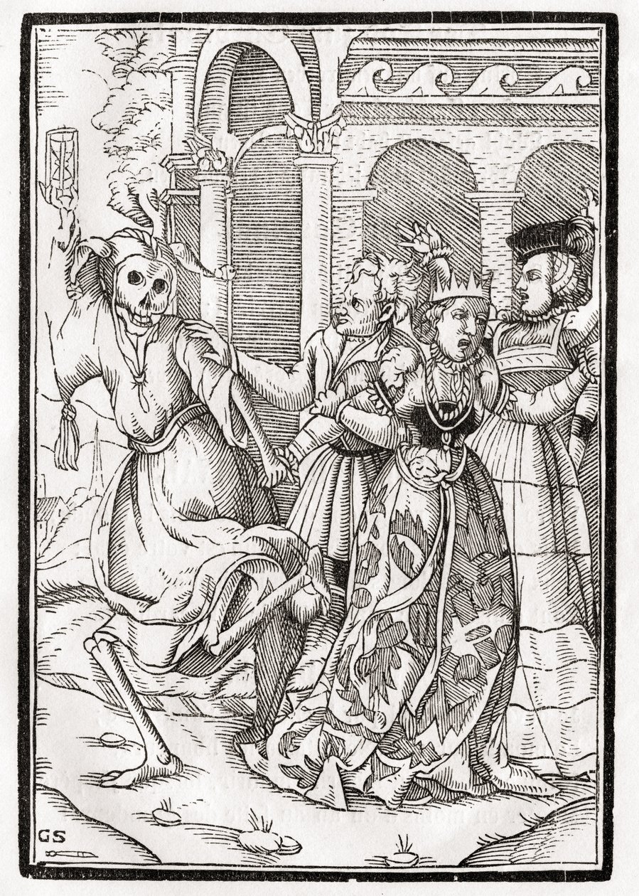 1843年にバーゼルで公開された「Der Todten Tanz」からGeorg Scharffenbergによって刻まれた女王の死 作： ハンス・ホルバイン・ザ・ヤング