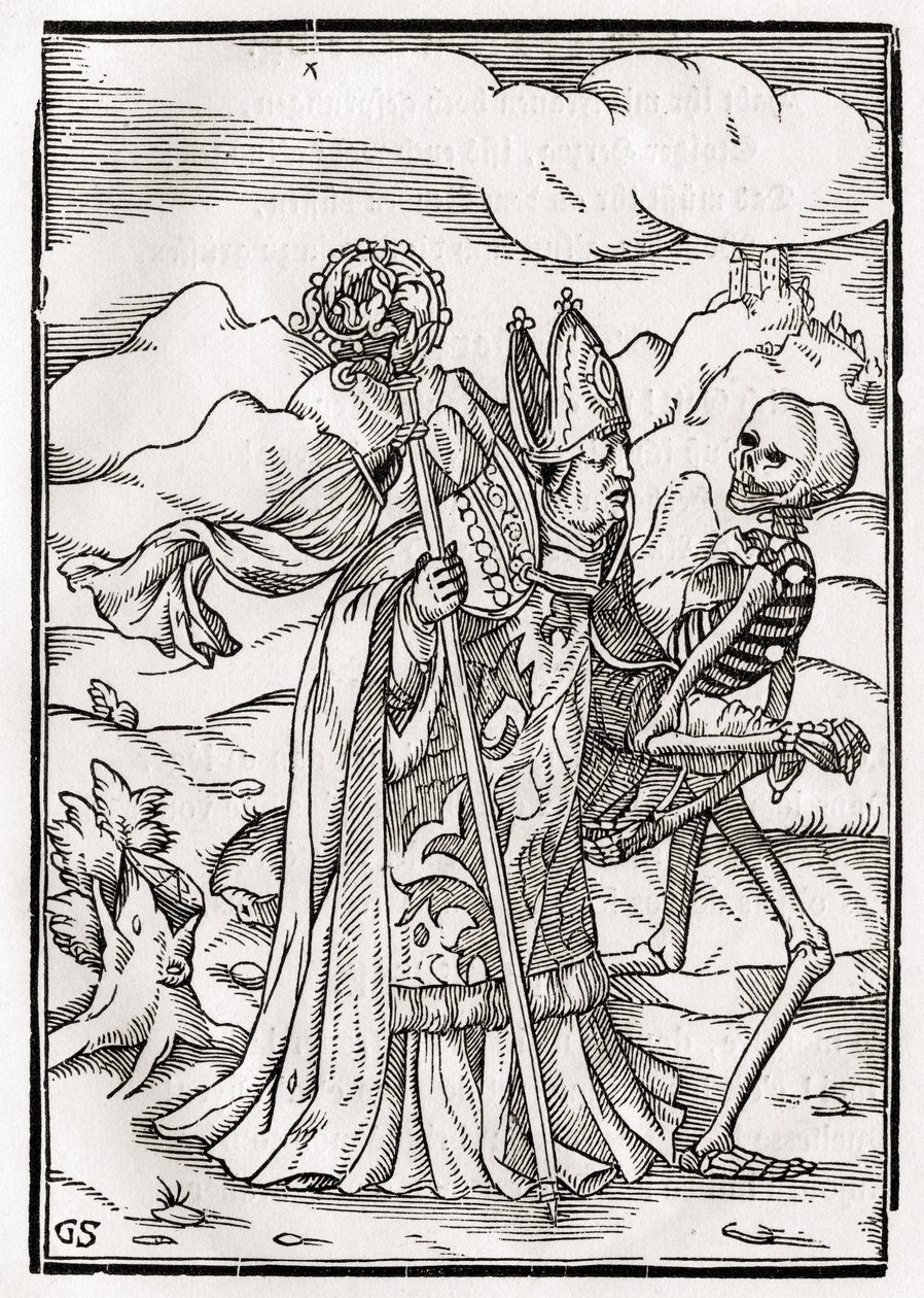 1843年にバーゼルで出版された「Der Todten Tanz」から、ジョージシャルフェンベルクによって彫刻された司教に死が訪れる 作： ハンス・ホルバイン・ザ・ヤング
