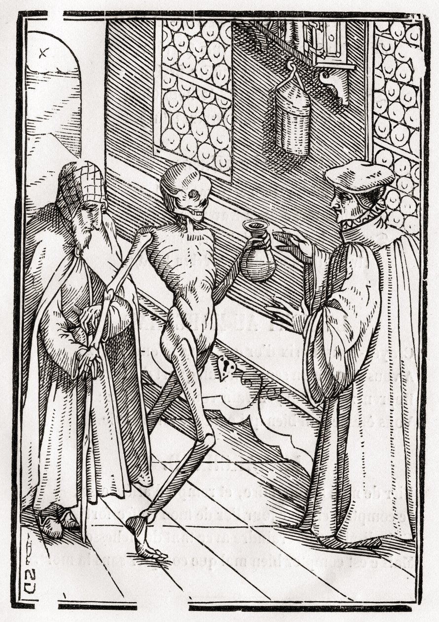 1843年にバーゼルで公開された「Der Todten Tanz」から、Georg Scharffenbergによって刻まれた死が医者のもとにやって来る 作： ハンス・ホルバイン・ザ・ヤング