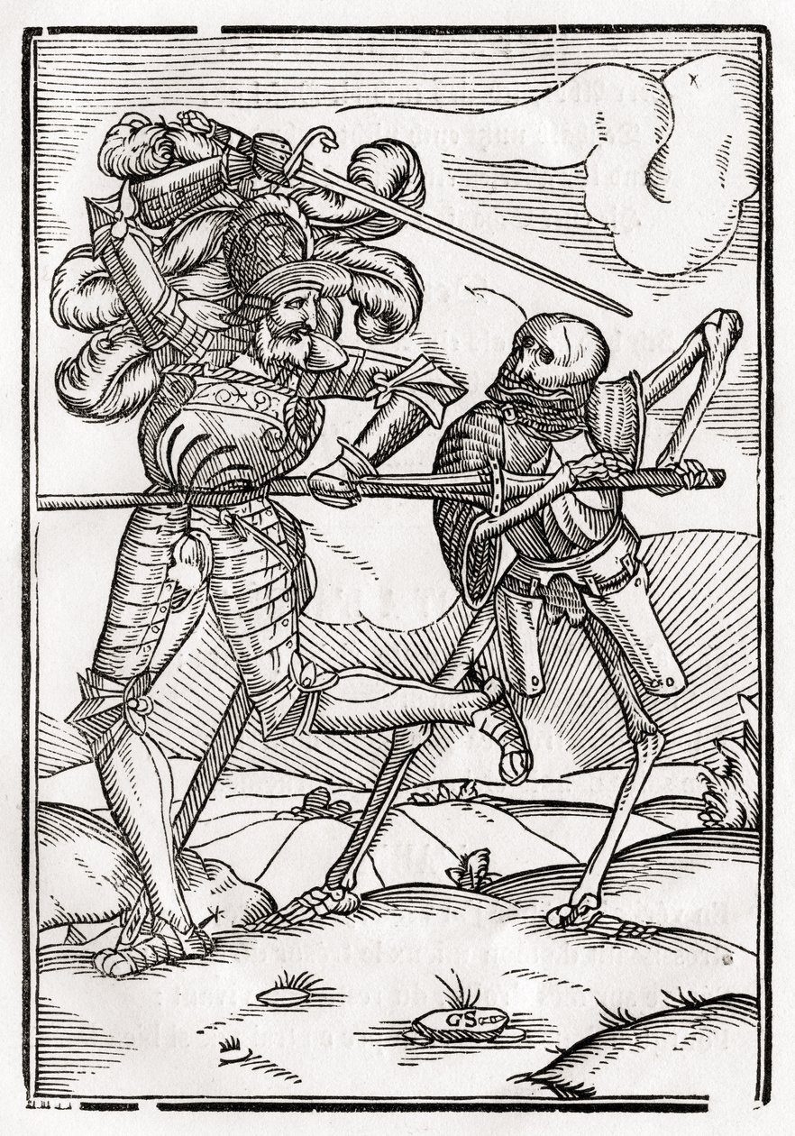 1843年にバーゼルで公開された「Der Todten Tanz」から死が騎士または伯爵にやって来る 作： ハンス・ホルバイン・ザ・ヤング