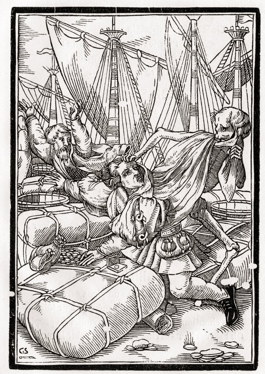 1843年にバーゼルで公開された「Der Todten Tanz」から、Georg Scharffenbergによって刻まれた商人の死 作： ハンス・ホルバイン・ザ・ヤング