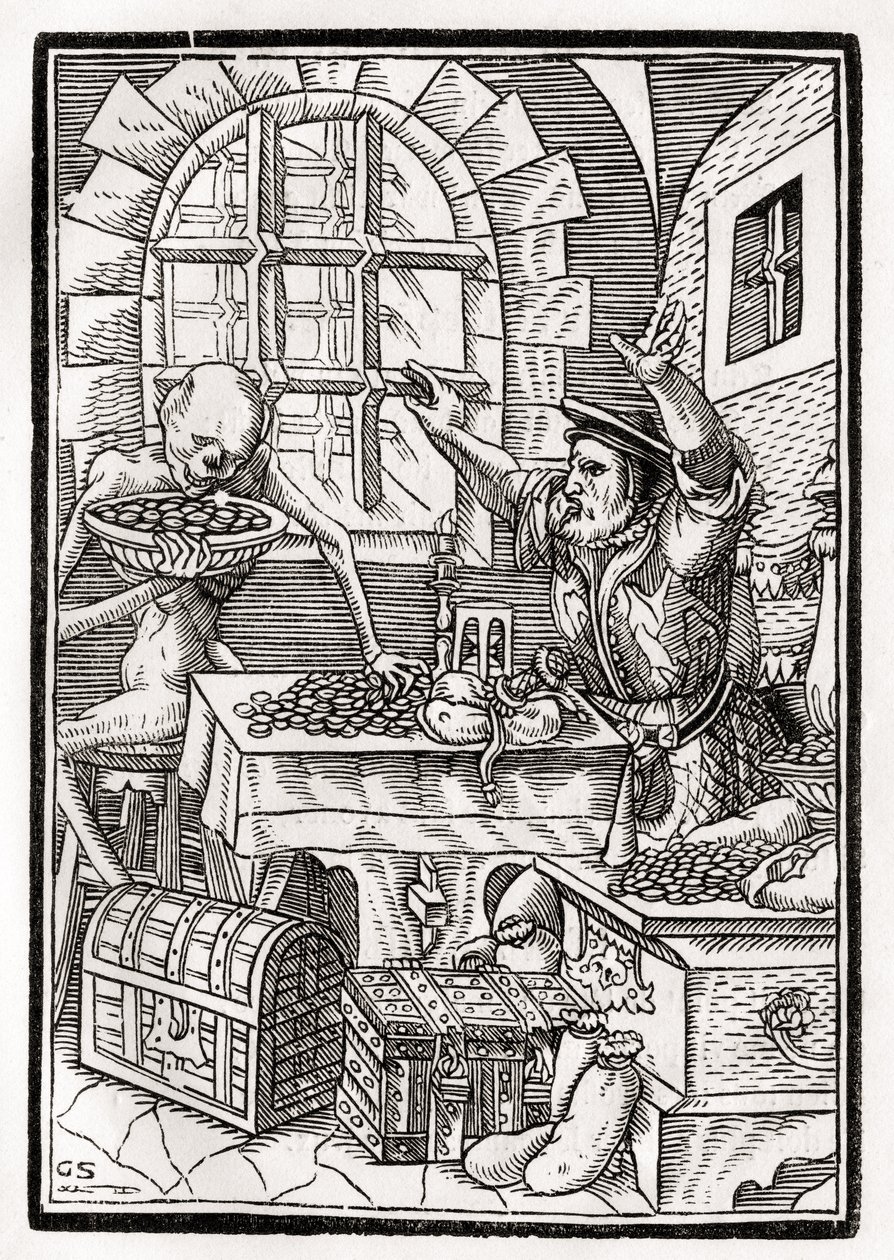 1843年にバーゼルで公開された「Der Todten Tanz」から、Georg Scharffenbergによって彫刻されたMiserまたはUsurerに死が訪れる 作： ハンス・ホルバイン・ザ・ヤング