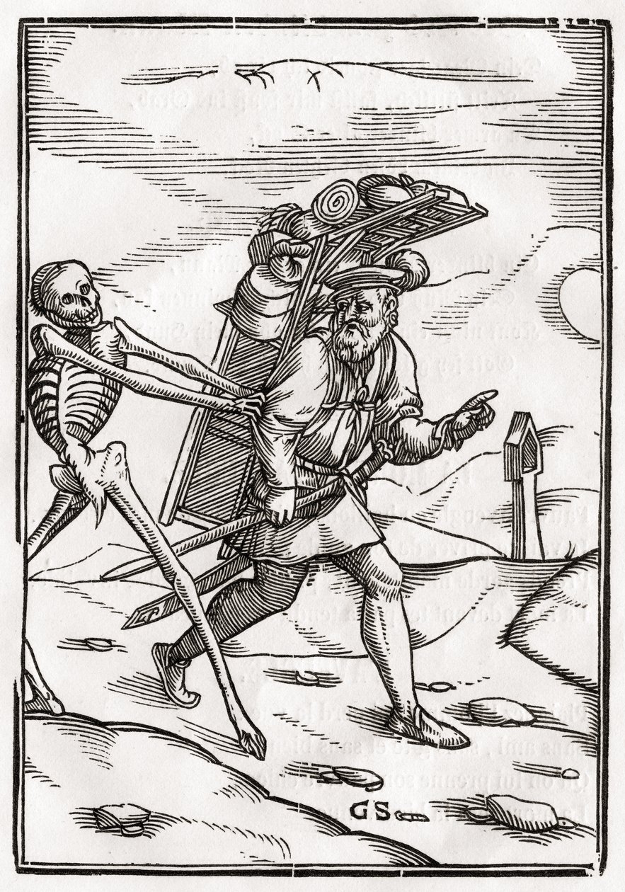 1843年にバーゼルで公開された「Der Todten Tanz」から、Georg Scharffenbergによって彫刻されたペドラーに死が訪れる 作： ハンス・ホルバイン・ザ・ヤング