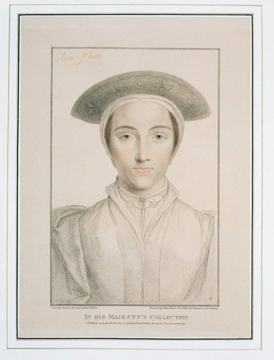 フランチェスコバルトロッツィ（1727-1815）によって彫刻されたクリーブのアン女王（1515-57）の肖像1796年に出版された 作： ハンス・ホルバイン・ザ・ヤング