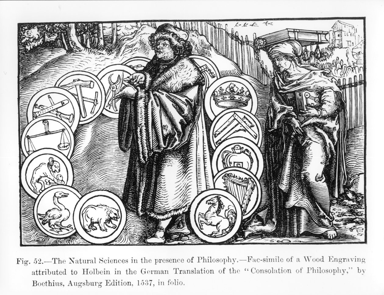 哲学の存在下の自然科学、1537ドイツ語版のボエティウスによる「哲学の慰め」から、「中世とルネの科学と文学」の図解 作： ハンス・ホルバイン・ザ・ヤング