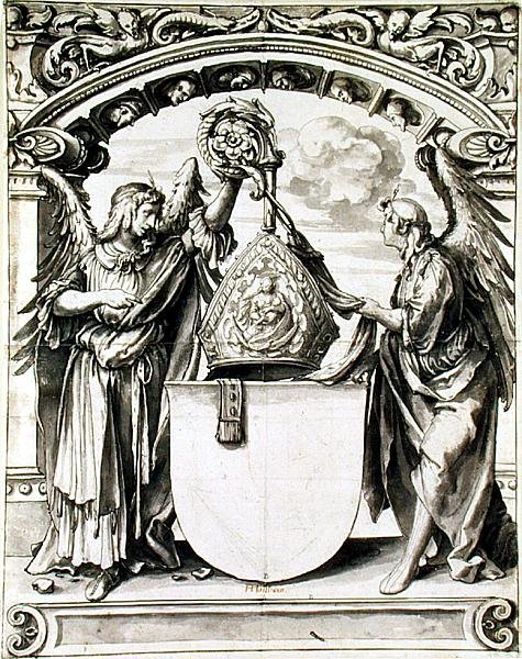 ガラス絵のデザイン、1520年頃（紙にペンとグレーのウォッシュと黒のチョーク 作： ハンス・ホルバイン・ザ・ヤング
