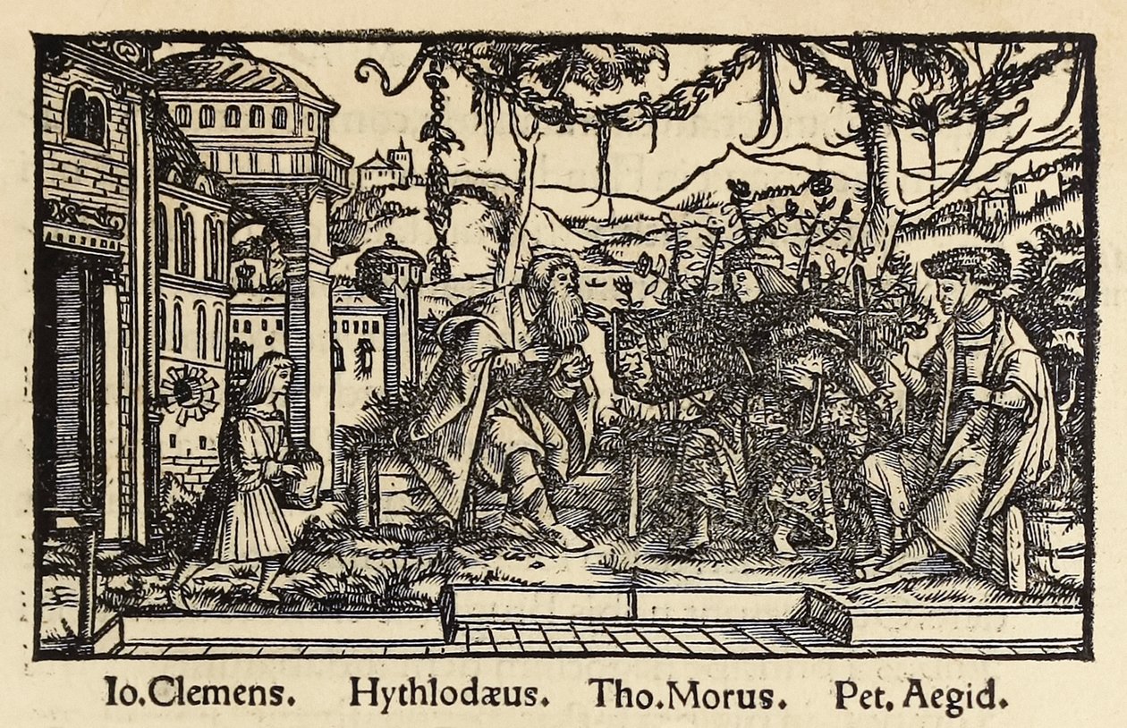 1518年にバーゼルで出版されたトーマス・モア卿（1478-1535）の「ユートピア」第3版の木版画で、主人公のラファエル・ヒースローディとユートピア島で見つけた理想の社会について会話している様子が描かれています。若き日のハンス・ホルバインによる木版画 作： ハンス・ホルバイン・ザ・ヤング