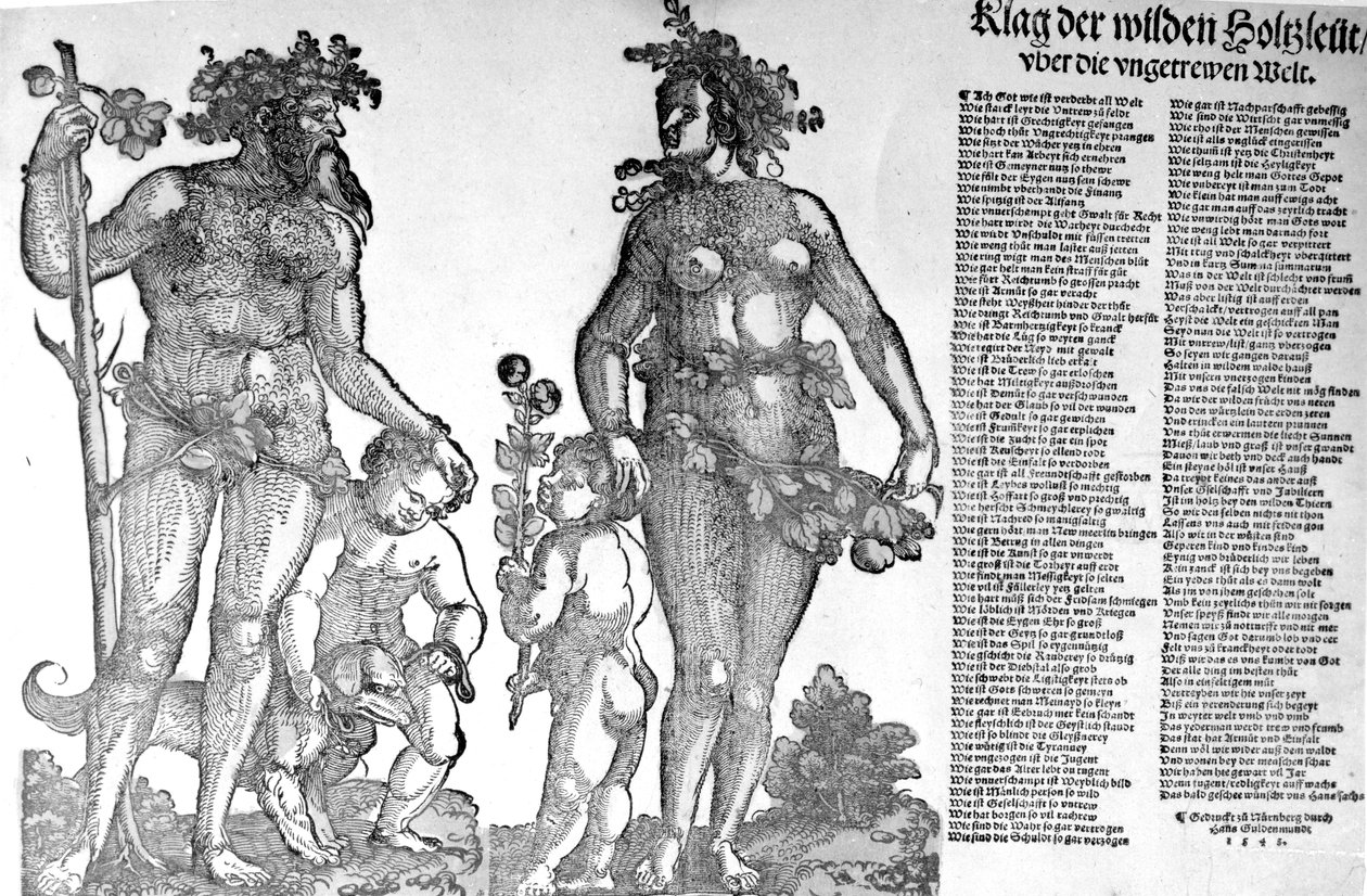 荒野の森から野生の森の男たちを引き抜いたブロードサイド、ハンス・グルデンムント作の木版画、1545 作： ハンス・レナード・シャウフェライン