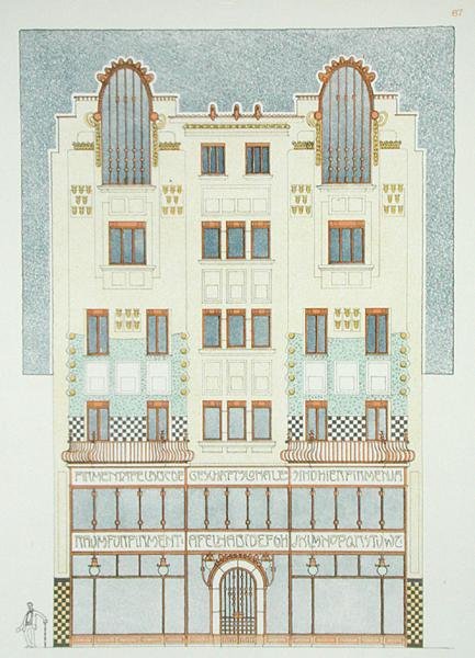 5階建てビルの設計（1900年代初頭）「ドキュメント・アーキテクチャー・モデルン」より（カラーリトグラフ 作： ハンス・マイヤー
