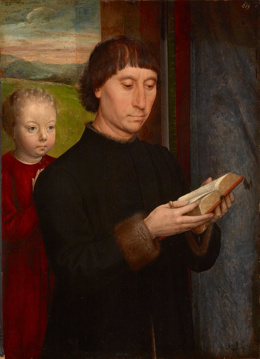 Homme en priere avec son fils defunt - 亡くなった息子と一緒に祈る男、ハンス・メムリング (1433/40-1494)。 木に油彩 作： ハンス・メムリンク