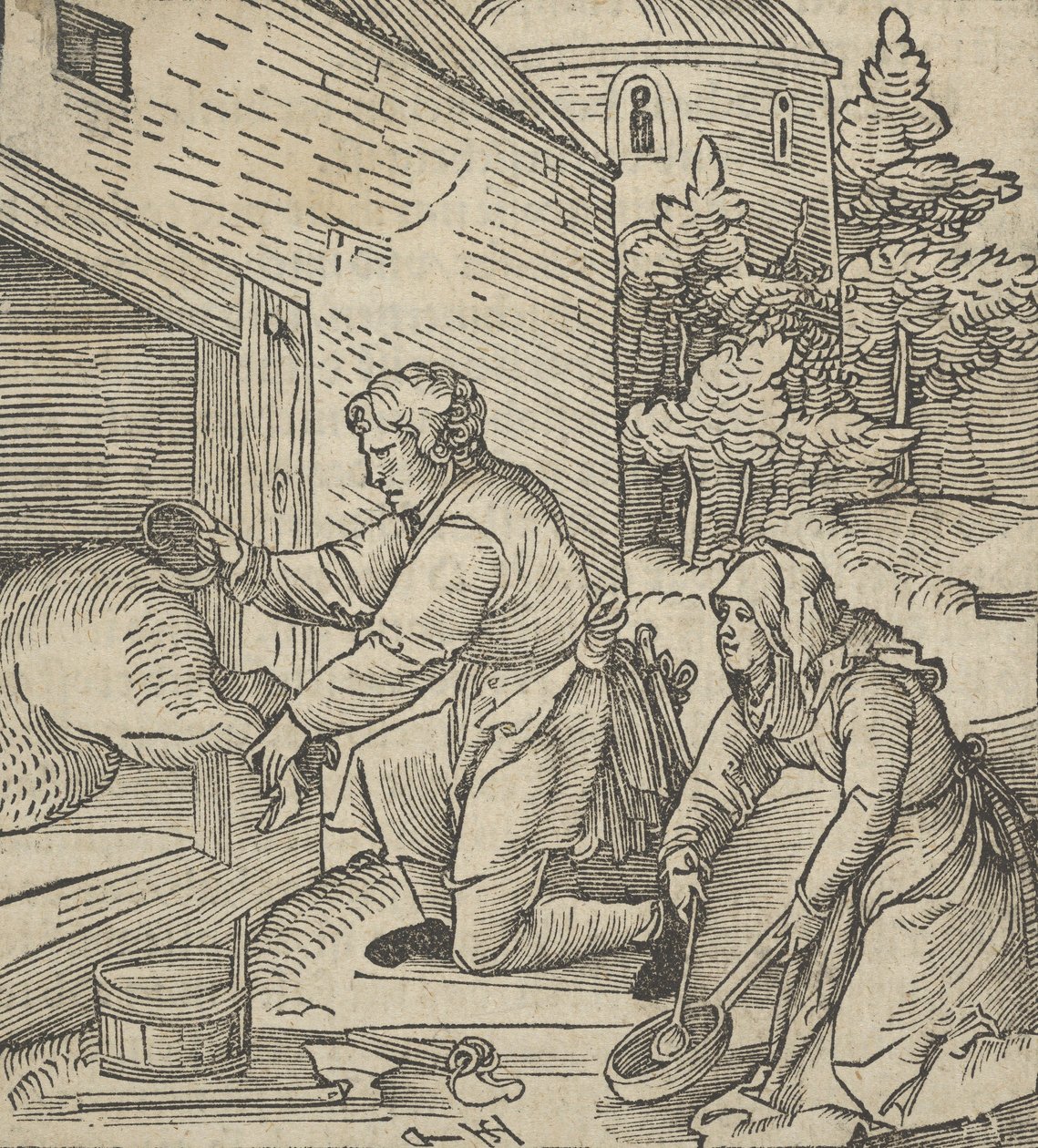 豚を屠殺する農夫、Hymmelwagen auff dem, wer wol leben..., 1517. 作： ハンス・ショイフェライン長老