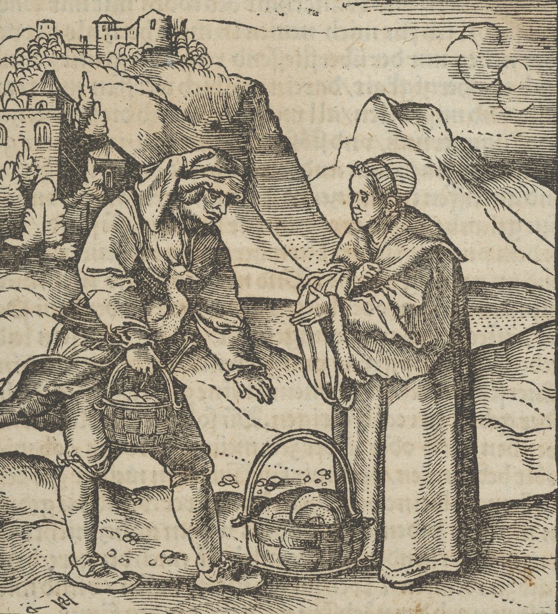 Hymmelwagen auff dem, wer wol leben..., 1517 からの農夫と彼のパトロン。 作： ハンス・ショイフェライン長老