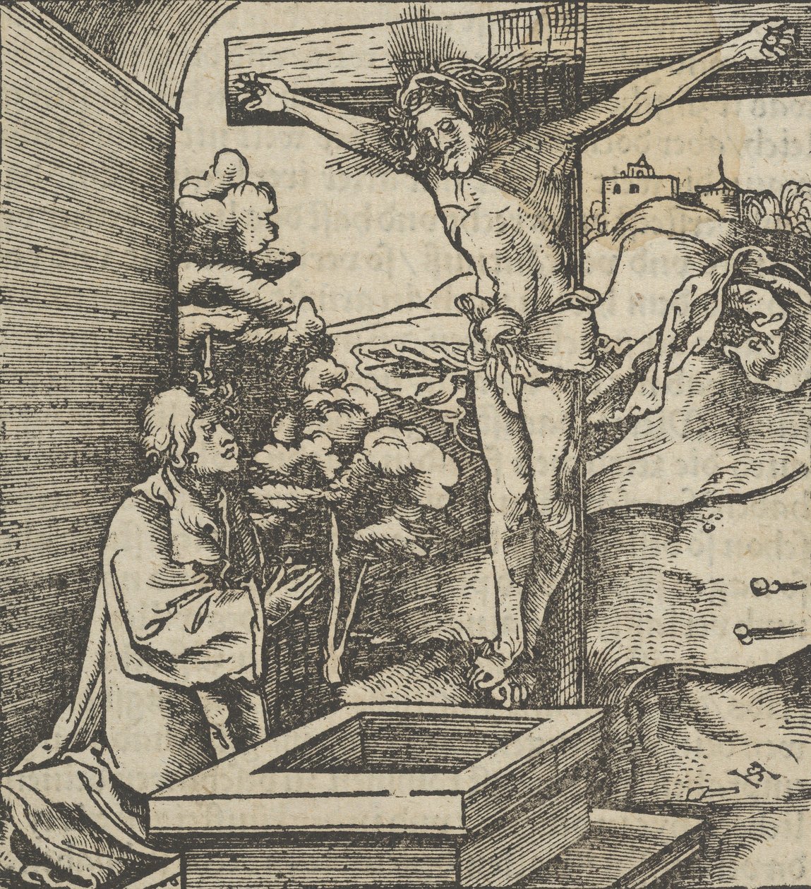 十字架の前で祈る男, from Hymmelwagen auff dem, wer wol Leben..., 1517. 作： ハンス・ショイフェライン長老