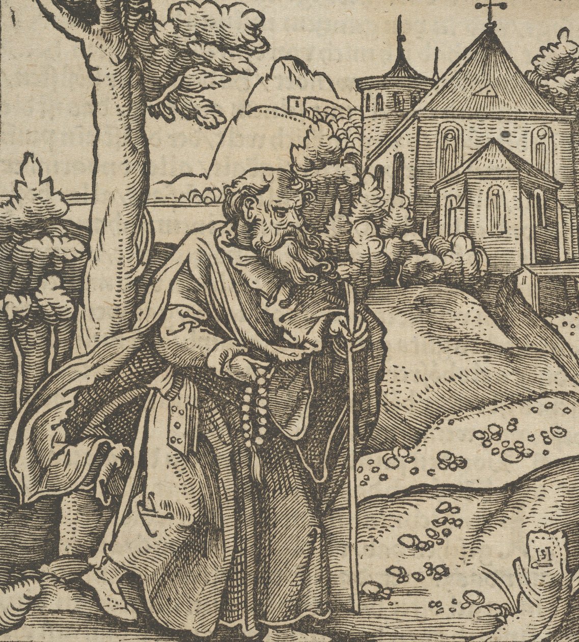 右に歩く老巡礼者、Hymmelwagen auff dem, wer wol Leben..., 1517. 作： ハンス・ショイフェライン長老
