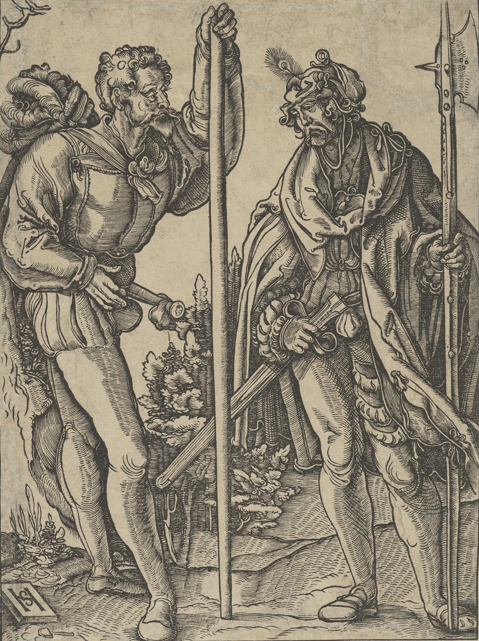 ランスとハルバードと会話する 2 人の兵士。 1515年。 作： ハンス・ショイフェライン長老