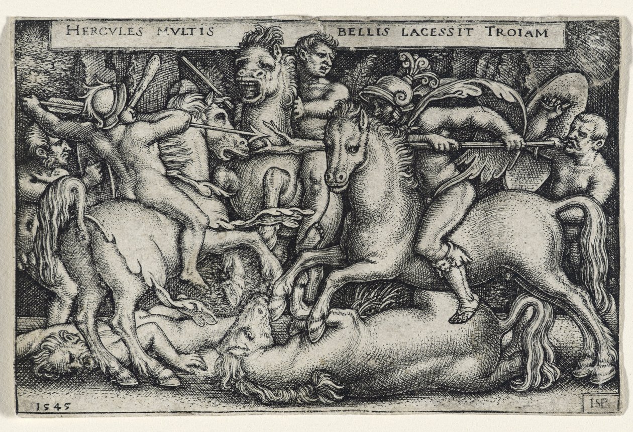 トロイの木馬と戦うヘラクレス、1545年（紙に刻印） 作： ハンス・セバルド・ベハム