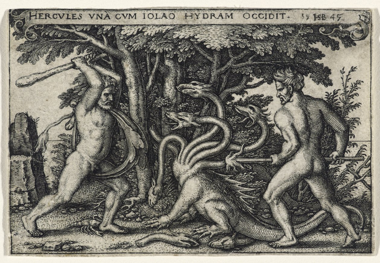 ヒュドラーを殺害するヘラクレス、1545年（敷設紙に彫刻） 作： ハンス・セバルド・ベハム