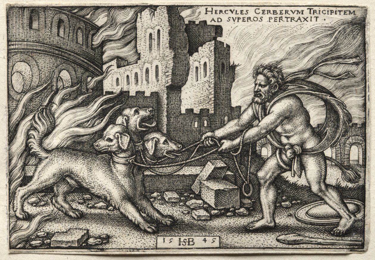 ヘラクレスの労働：ヘラクレスが地下世界からケルベロスを引きずる、1545年。 作： ハンス・セバルド・ベハム