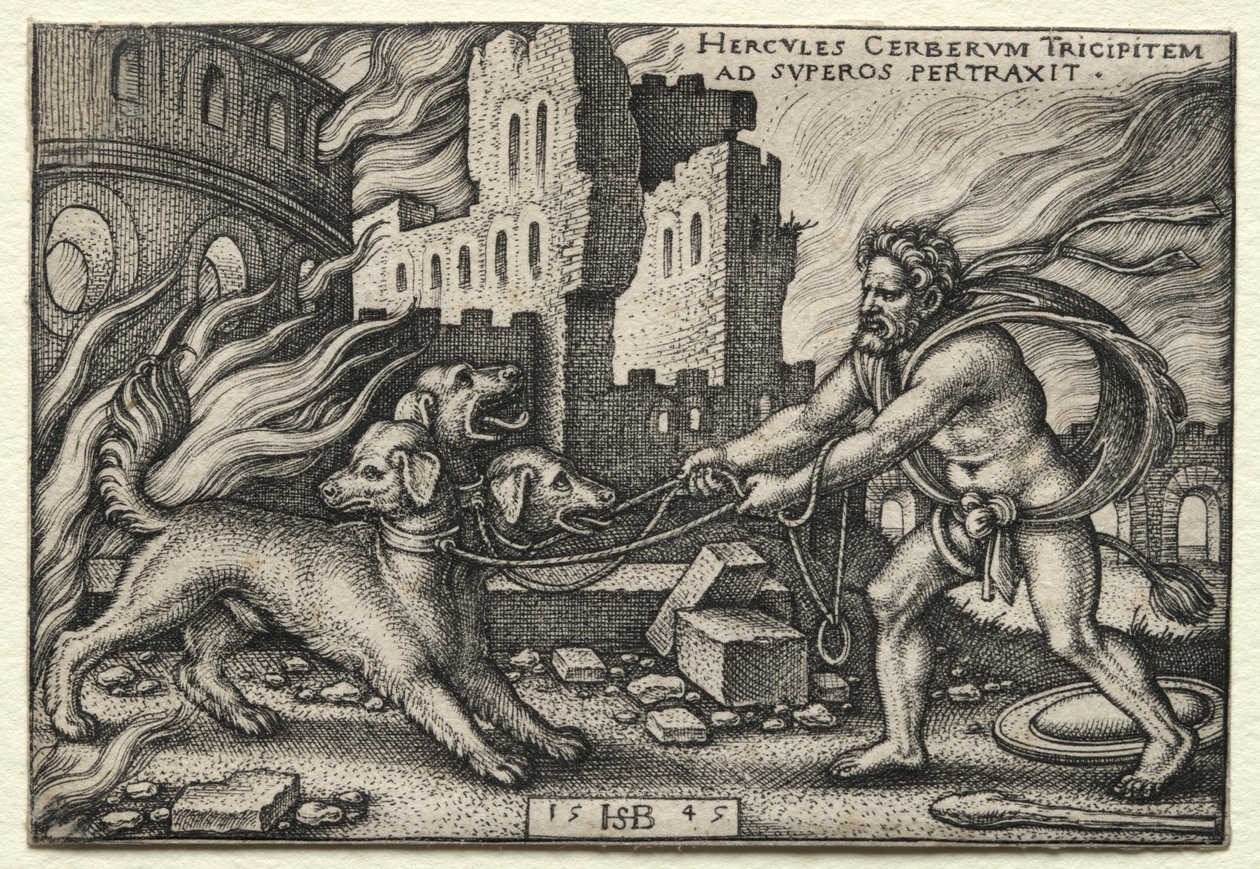 ヘラクレスの労働：ヘラクレスが地下世界からケルベロスを引きずる、1545年。 作： ハンス・セバルド・ベハム