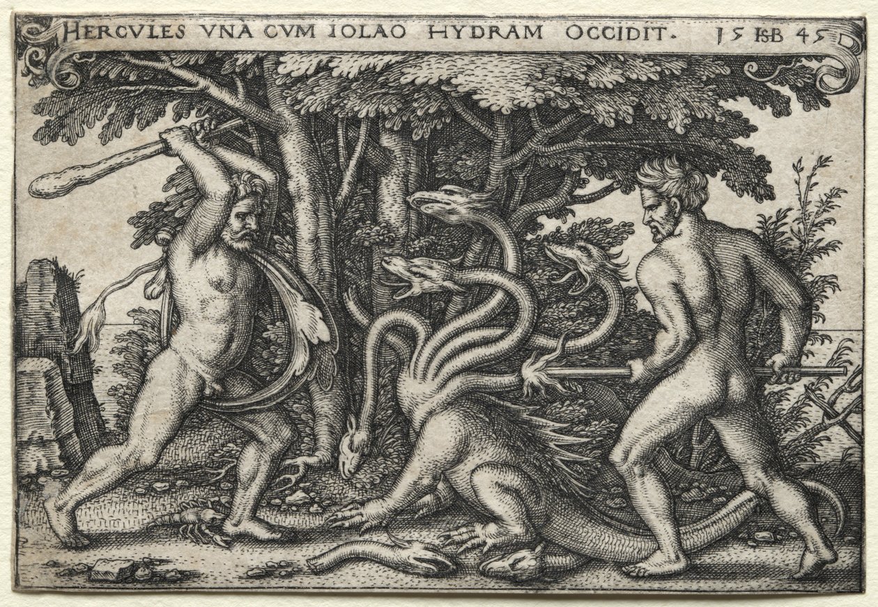 ヘラクレスの労働：ヘラクレスがレルネアンハイドラを殺す、1545年。 作： ハンス・セバルド・ベハム