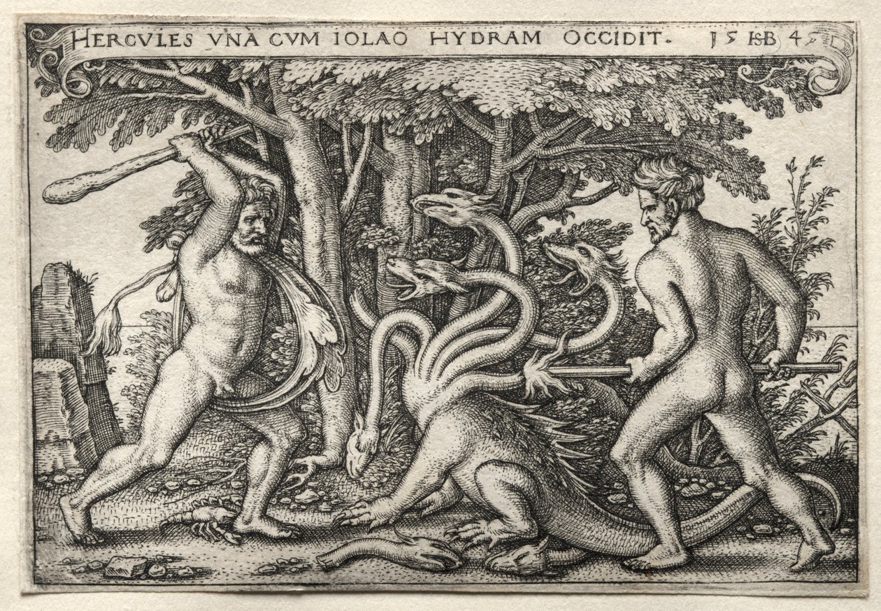 ヘラクレスの労働：ヘラクレスがレルネアンハイドラを殺す、1545年。 作： ハンス・セバルド・ベハム