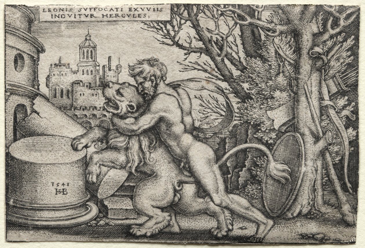 ヘラクレスの労働：ネメアンライオンを絞首刑にするヘラクレス、1548年。 作： ハンス・セバルド・ベハム